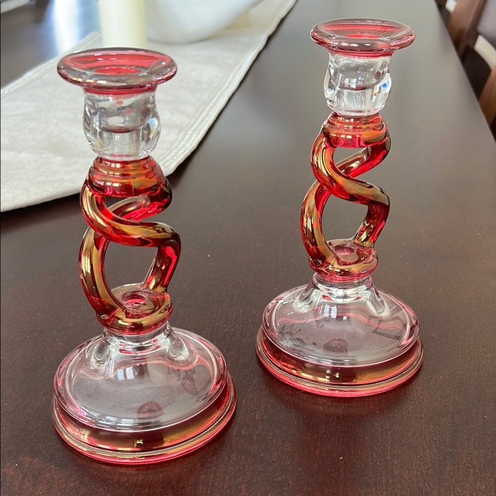 Elegant Red and Gold Glass Candlestick Holders